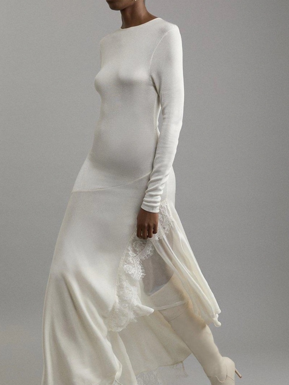 Karen Millen Elegant Long-Sleeve White Maxi Dress with Lace Trim